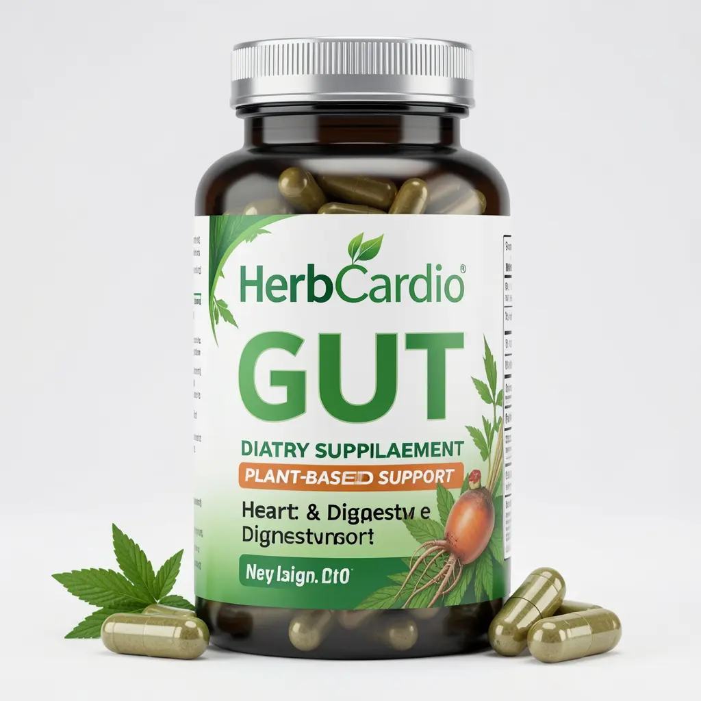 HerbCardio Gut dietary supplement bottle with plant-based capsules for daily wellness and digestive comfort